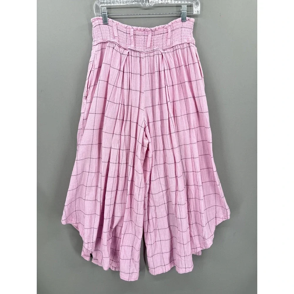Free People Pants Small Pink Check Harem Wide Leg Lunar Cove Pleats Boho Pull On - Picture 8 of 13
